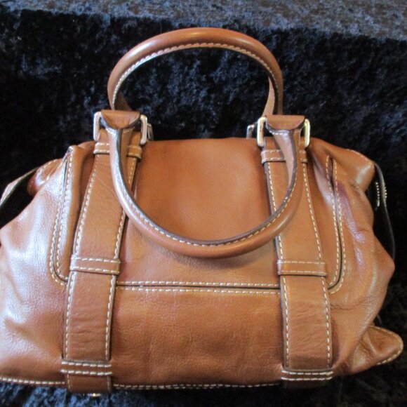 Vintage Michael Kors Cognac Brown Leather Top Handles Handbag w/Buckle Accents - Picture 2 of 11